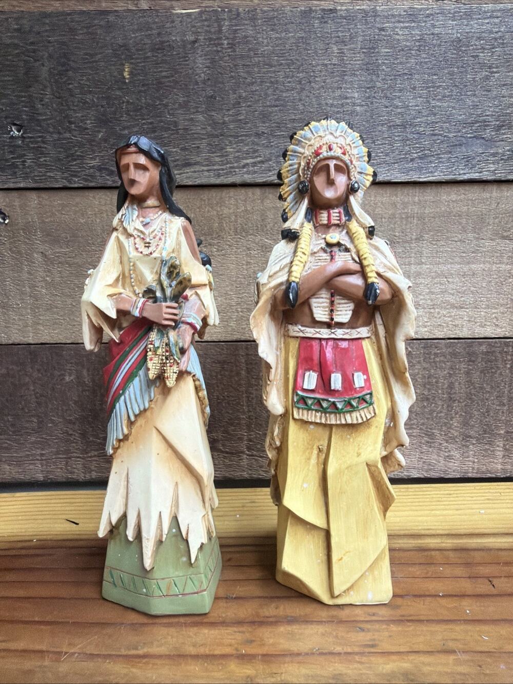 Pacific Rim Native American Chief and Woman Figurines Resin Cubist Harvest